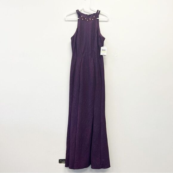 R & M Richards Nightway Glitter-Knit Gown, Size 4 Mulberry - Picture 1 of 16